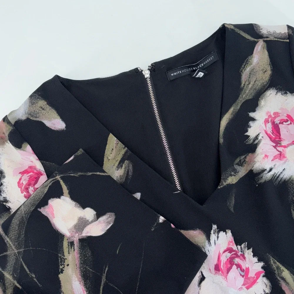 White House Black Market Floral Bell Sleeve V-Neck Shift Dress Black Pink 0